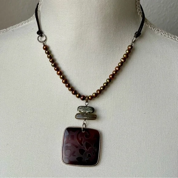 SILPADA | Retired Black Pen Shell Carved Pendant Sterling Silver 15"+3" Necklace - Picture 12 of 14